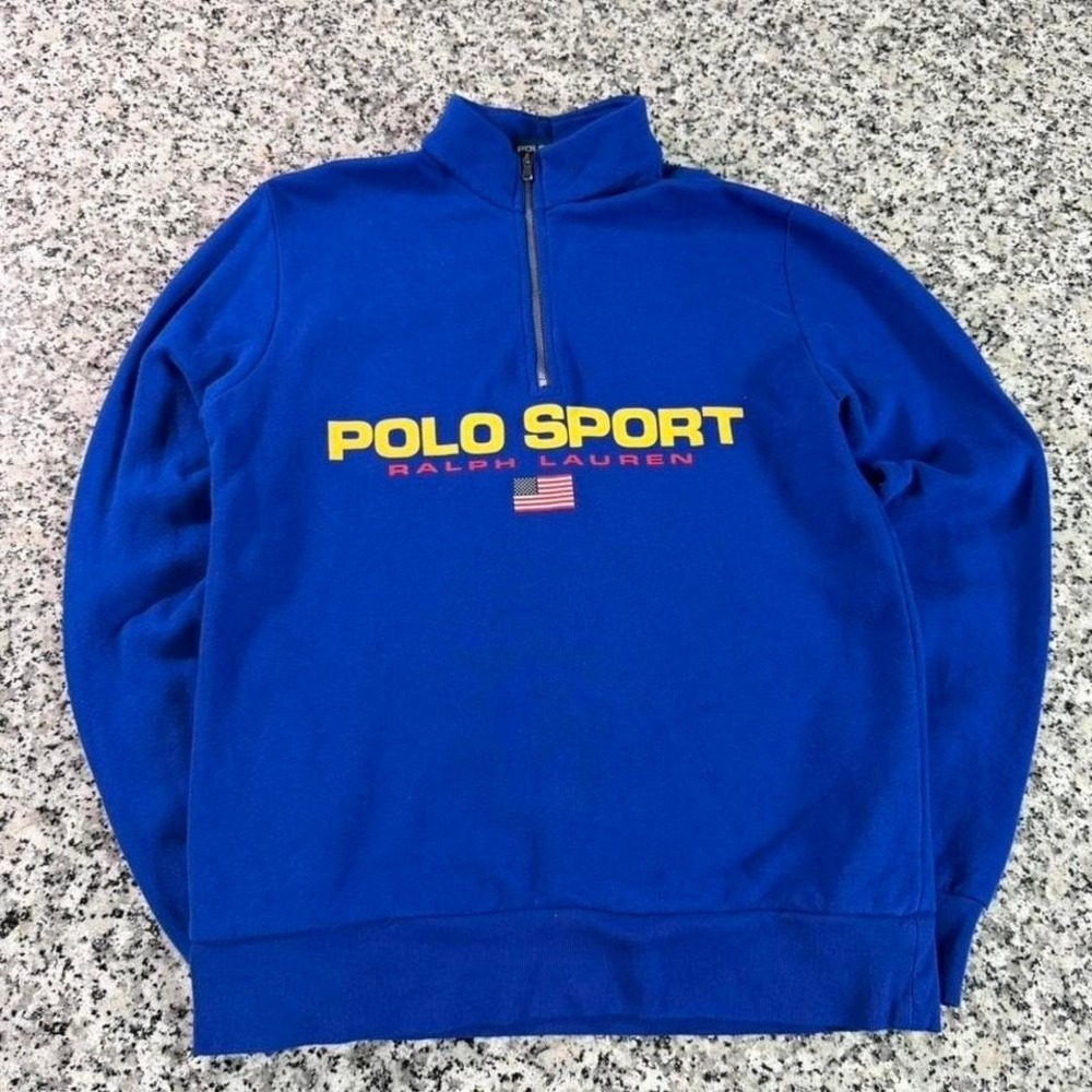 Polo Ralph Lauren Sport Blue USA American Flag Quarter Sweatshirt Youth Large 14